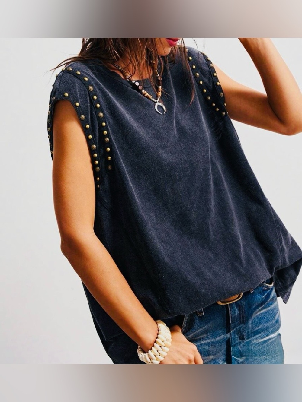 Romwe Stud-Trim Washed Black Sleeveless Top